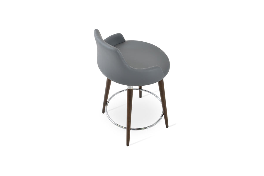 Dervish Wood Bar Stool by SohoConcept, showing top view of dervish wood bar stool in beech walnut wood/grey leatherette.