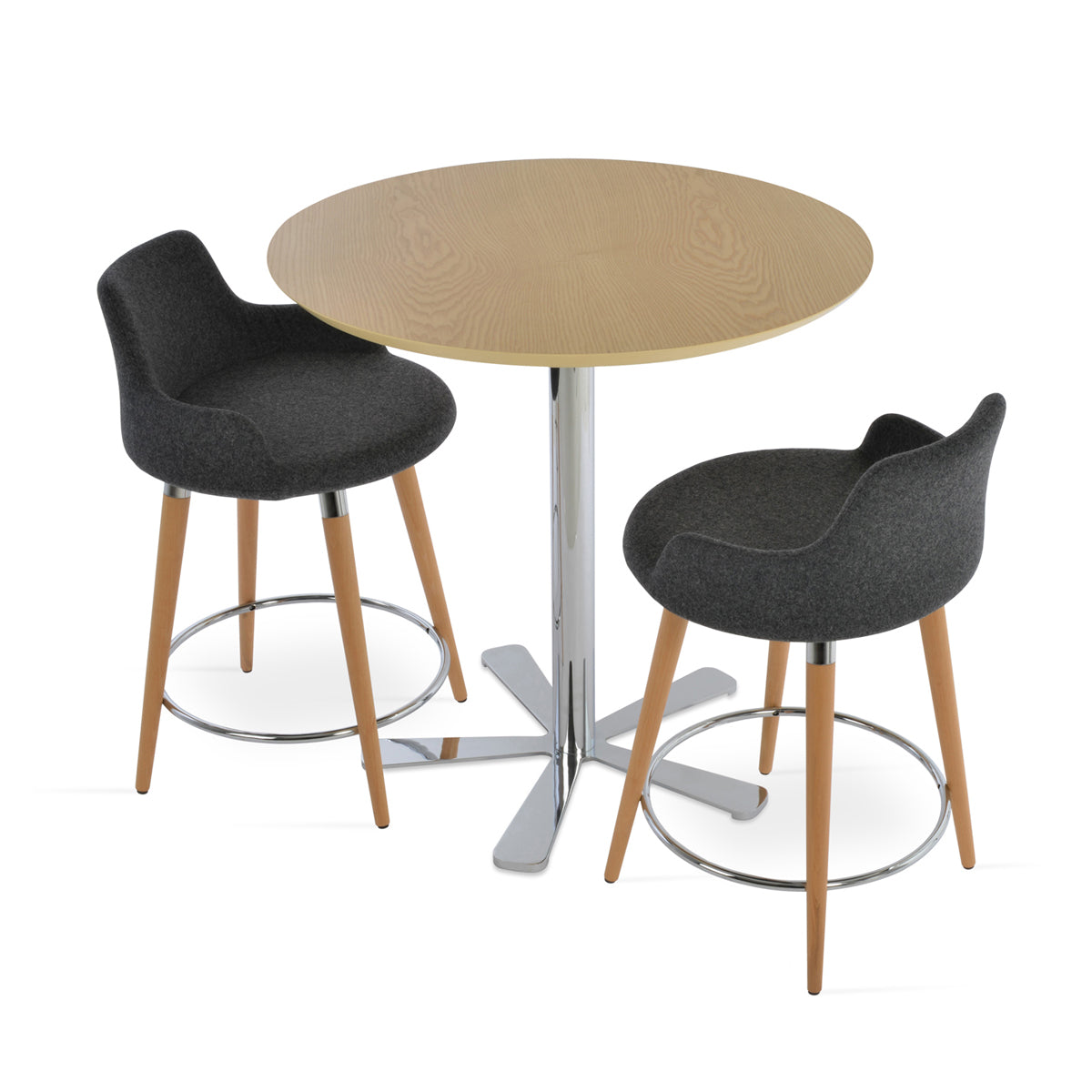 Dervish Wood Bar Stool by SohoConcept, showing different angle views of dervish wood bar stools in natural ash wood/camira blazer dark grey wool with bar table.