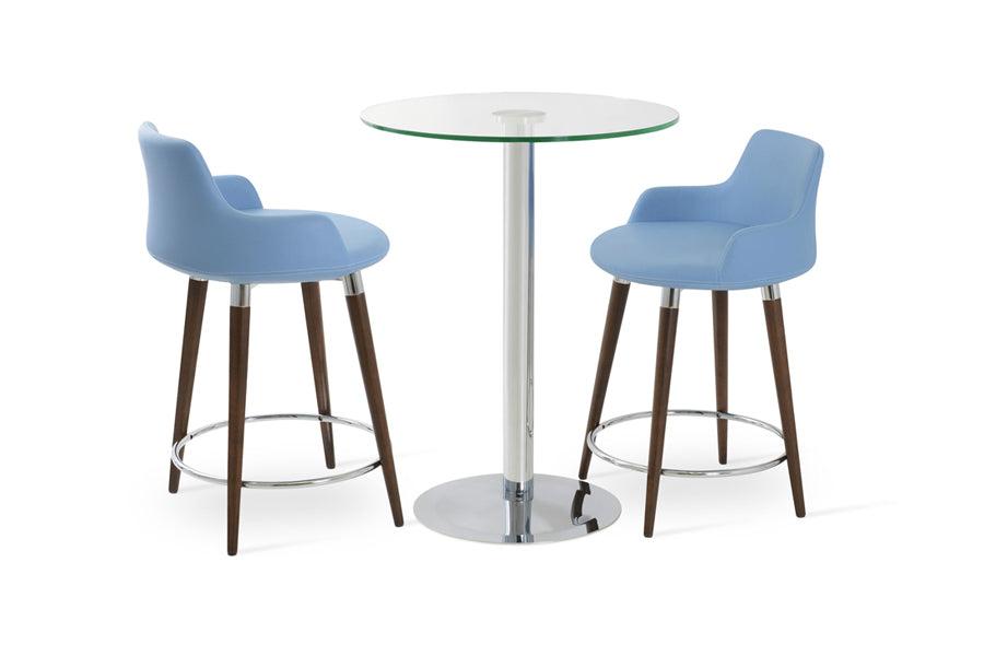Dervish Wood Bar Stool by SohoConcept, showing different angle views of dervish wood bar stools in beech walnut wood/blue leatherette with bar table.