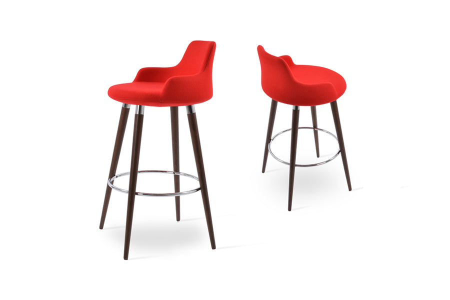 Dervish Wood Bar Stool by SohoConcept, showing different angle views of dervish wood bar stools in beech walnut wood/camira blazer candy apple red wool.