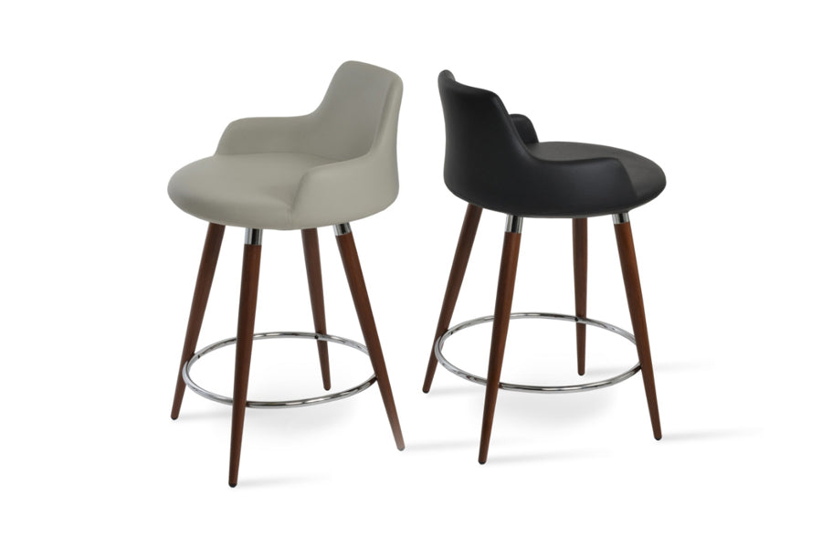 Dervish Wood Bar Stool by SohoConcept, showing different angle views of dervish wood bar stools in beech walnut wood/black leatherette & black leatherette.