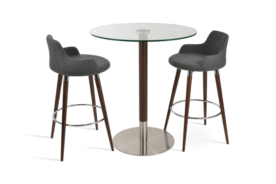 Dervish Wood Bar Stool by SohoConcept, showing different angle views of dervish wood bar stools in beech walnut wood/camira blazer dark grey wool with bar table.