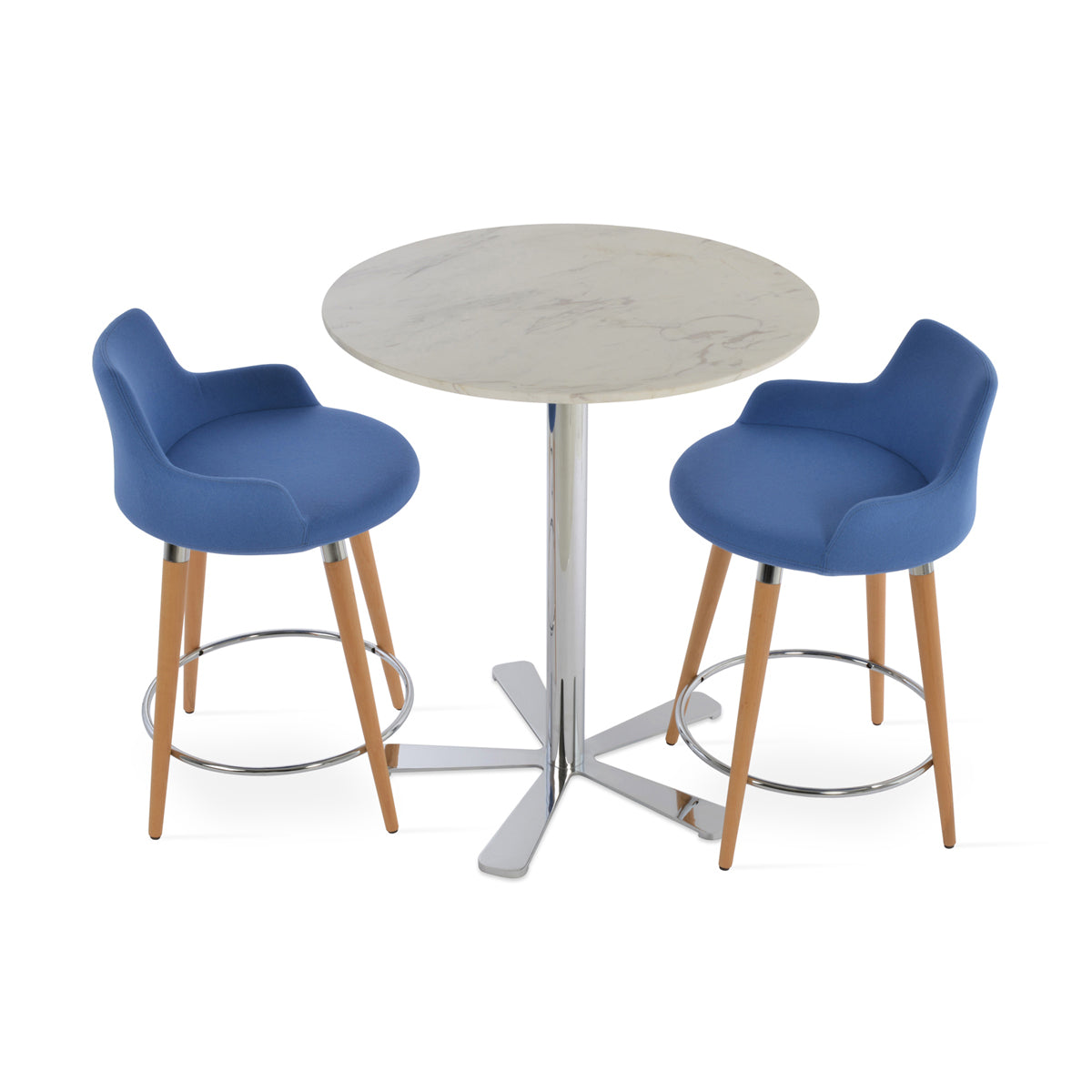 Dervish Wood Counter Stool by SohoConcept, showing different angle views of dervish wood counter stools in natural ash wood/camira blazer sky blue wool with bar table..