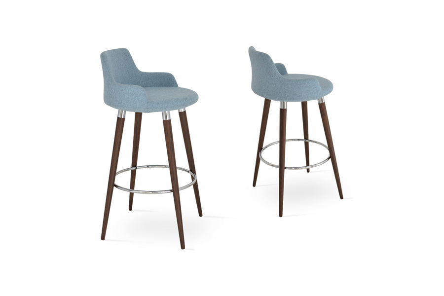 Dervish Wood Counter Stool by SohoConcept, showing different angle views of dervish wood counter stools in beech walnut wood/camira yoredale green boucle fabric.