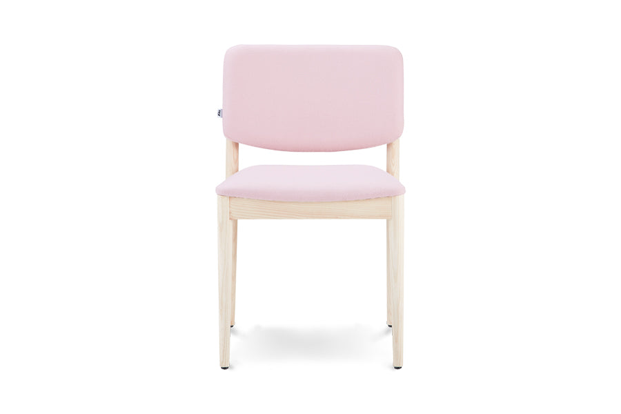 Dion Chair by B&T, showing front view of dion chair in seat & back fully upholstered/ash wood legs group.