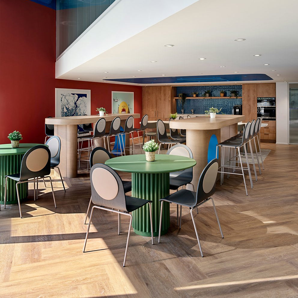 Dot Veneer Wood Seat Chair by B&T, showing dot veneer wood seat chairs in live shot.