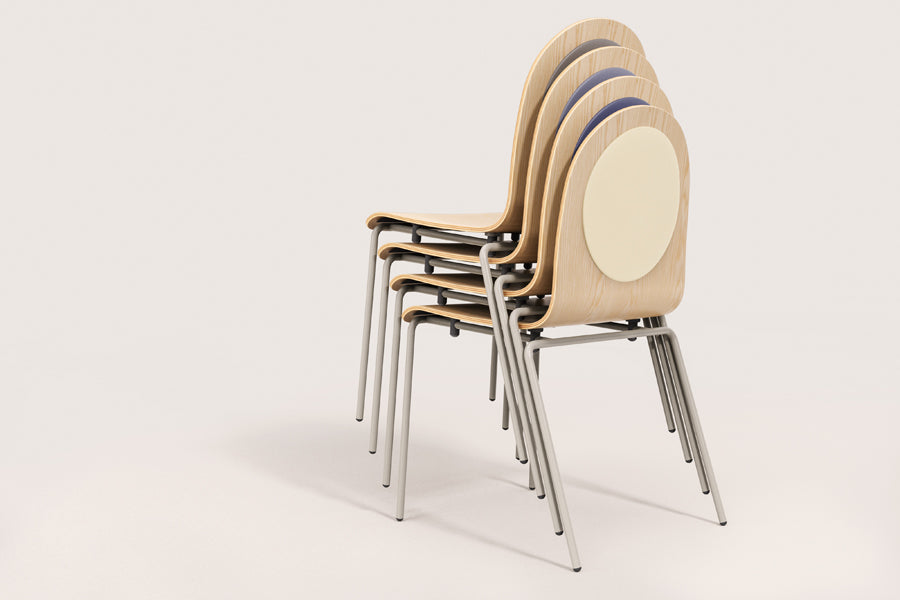 Dot Veneer Wood Seat Chair by B&T, showing dot veneer wood seat chairs in live shot.