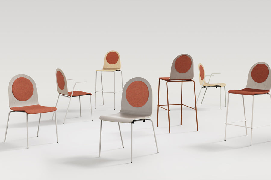 Dot Veneer Wood Seat Chair by B&T, showing dot veneer wood seat chairs in live shot.