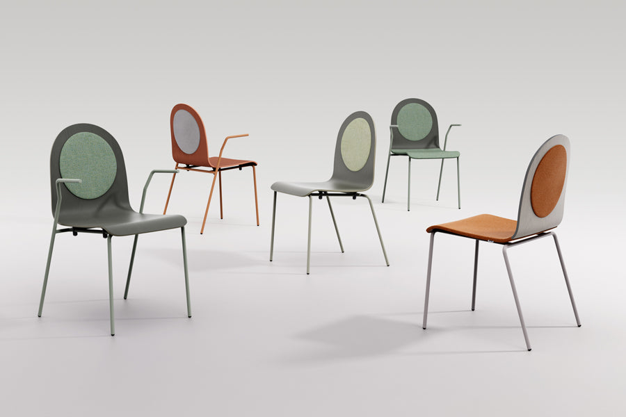 Dot Veneer Wood Seat Chair by B&T, showing dot veneer wood seat chairs in live shot.