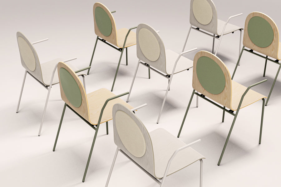 Dot Veneer Wood Seat Chair by B&T, showing dot veneer wood seat chairs in live shot.