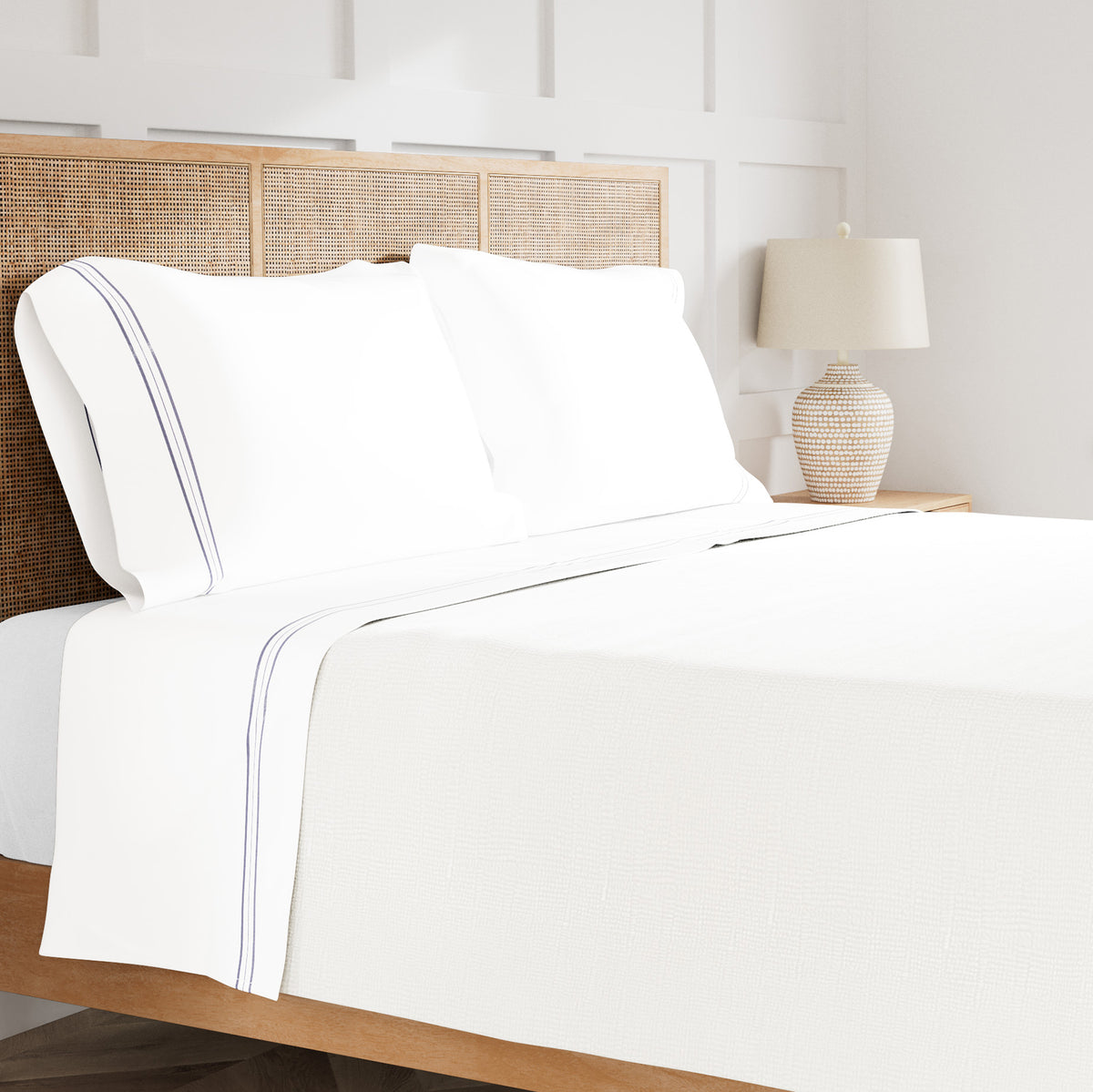 Hem Stripe Cotton Sheet Set in White Navy