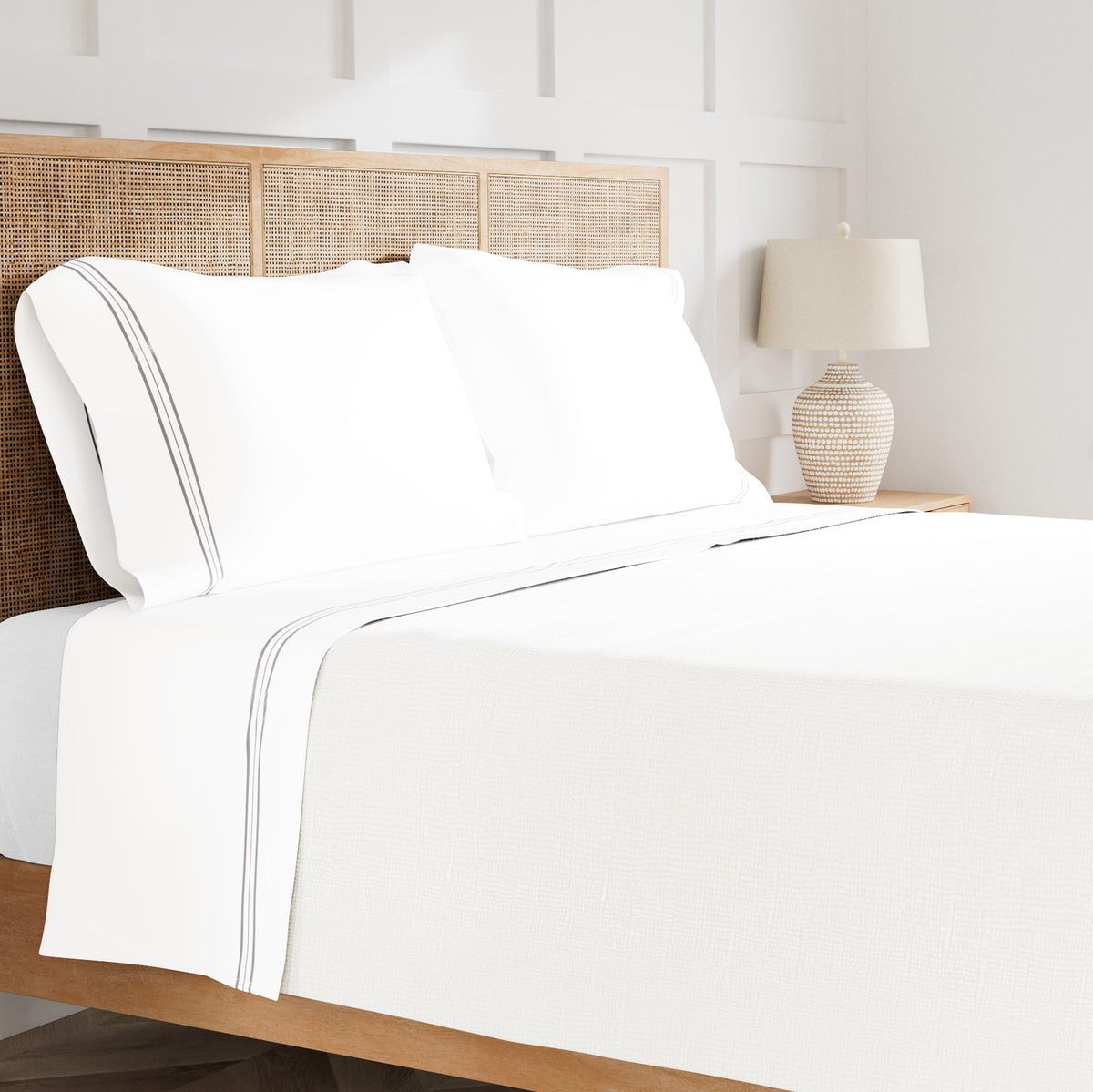Hem Stripe Cotton Sheet Set in White Grey