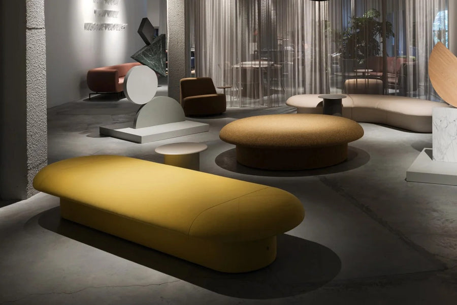 Drage Ottoman by B&T, showing drage ottoman in live shot.