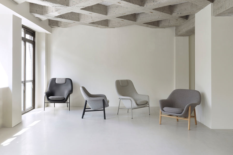 Drape Lounge Chair by Normann Copenhagen, showing drape lounge chairs in live shot.