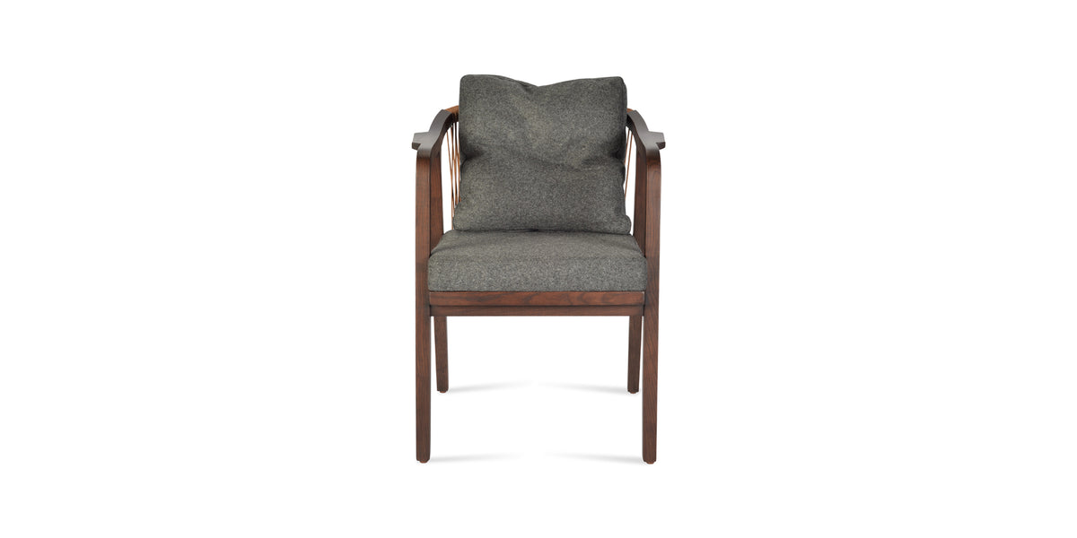Drops Dining Armchair by SohoConcept, showing front view of drops dining armchair in camira blazer dark grey wool.