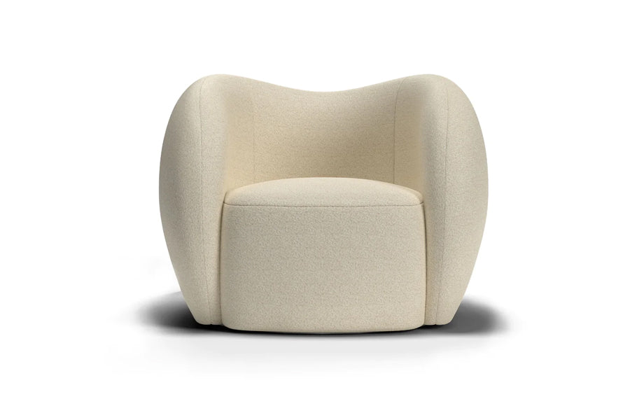 Dune Swivel Lounge Chair by Mobital, showing front view of dune swivel lounge chair in cream teddy fabric.