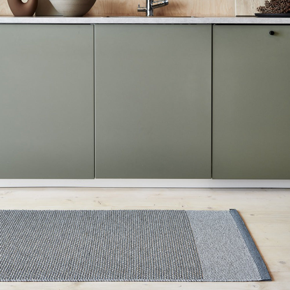 Edit Dove Blue & Blue Fog with Stone Metalic Rug by Pappelina, showing edit dove blue & blue fog with stone metalic rug in live shot.
