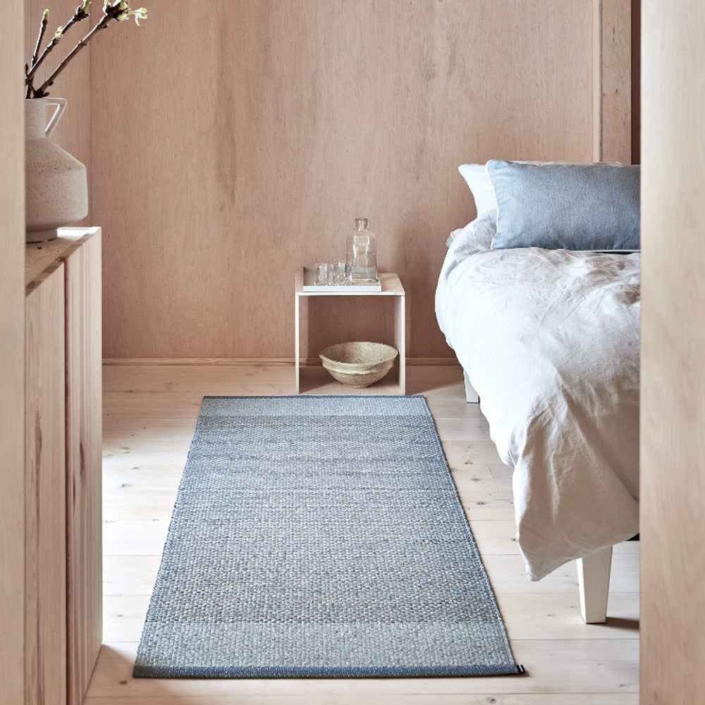 Edit Dove Blue & Blue Fog with Stone Metalic Rug by Pappelina, showing edit dove blue & blue fog with stone metalic rug in live shot.