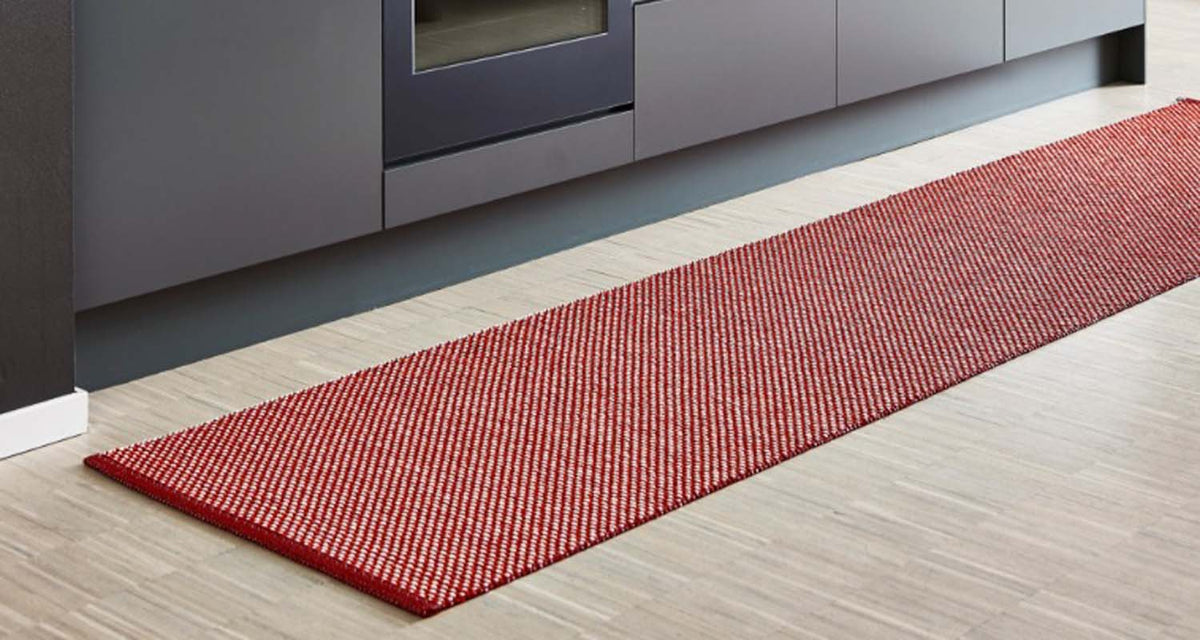 Effi Dark Red & Coral Red with Vanilla Runner Rug by Pappelina, showing effi dark red & coral red with vanilla runner rug in live shot.