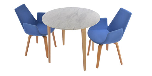 Eiffel Arm Plywood Dining Chair-Fabric by SohoConcept, showing eiffel arm plywood dining chair-fabric with table.