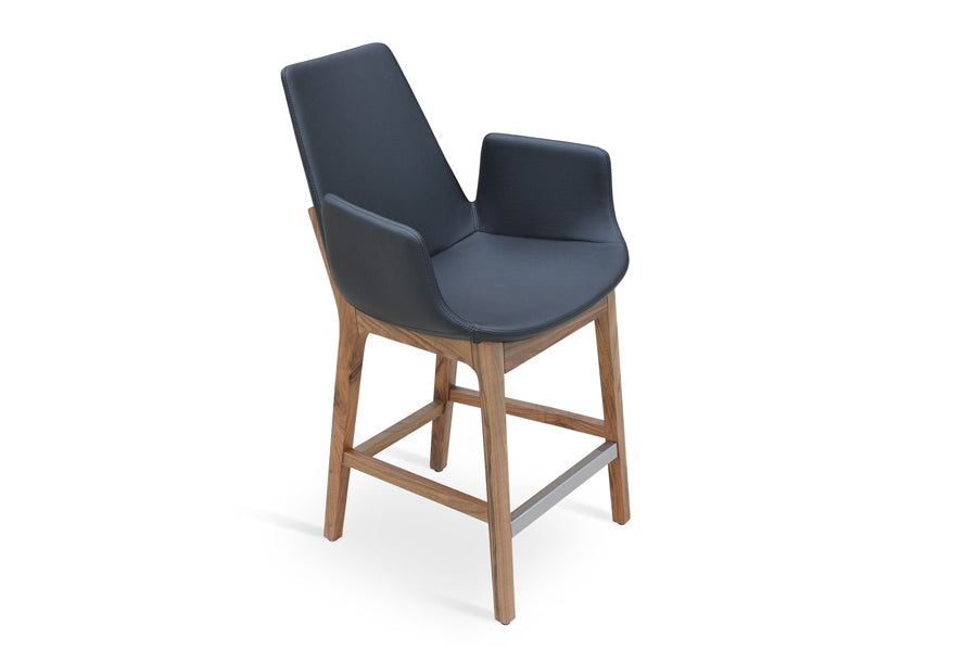 Eiffel Arm Wood Counter Stool by SohoConcept, showing angle view of eiffel arm wood stool in black leatherette with american walnut base.