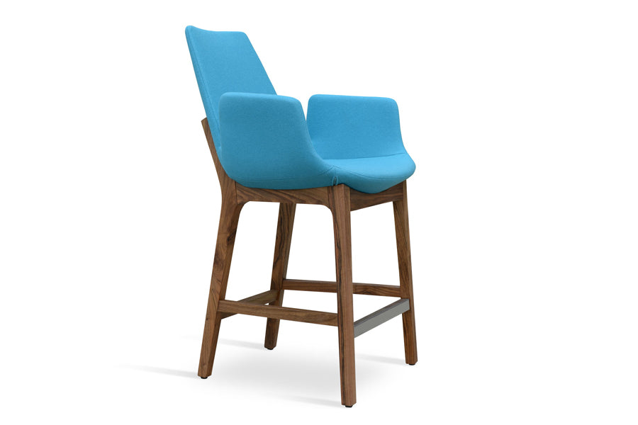 Eiffel Arm Wood Counter Stool by SohoConcept, showing angle view of eiffel arm wood stool in camira blazer turquoise wool with american walnut base.