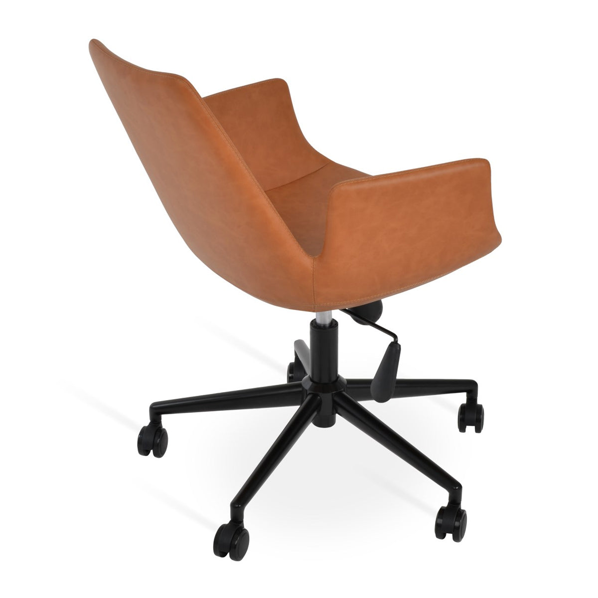 Eiffel Office Arm Chair by SohoConcept, showing side-angle view of eiffel office arm chair in black finish/caramel ppm.