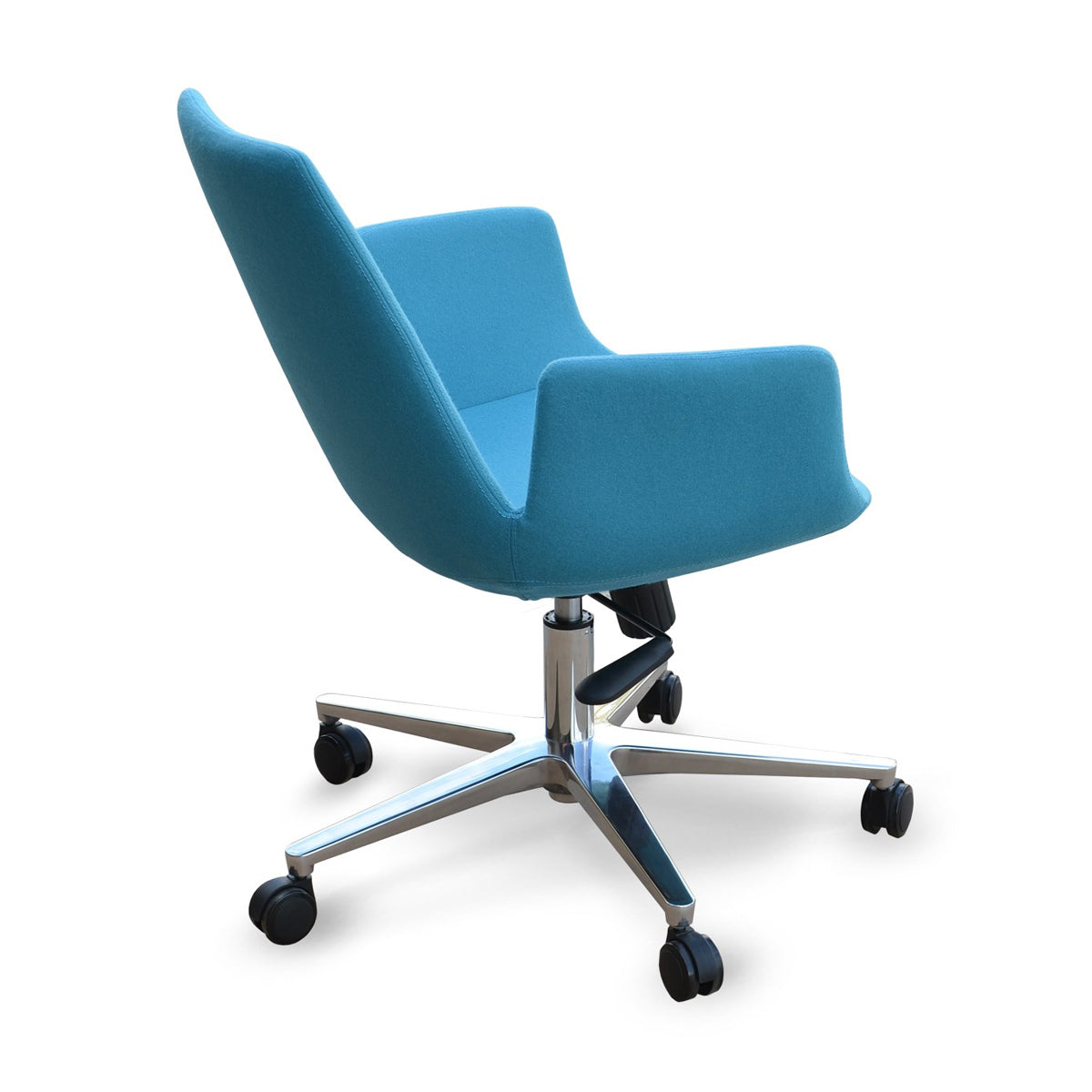 Eiffel Office Arm Chair by SohoConcept, showing side view of eiffel office arm chair in aluminum (a1)/camira blazer turquoise wool.