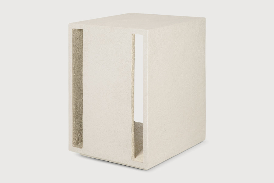 Elements Bedside Table by Ethnicraft, showing back angle view of elements bedside table in studio shot.