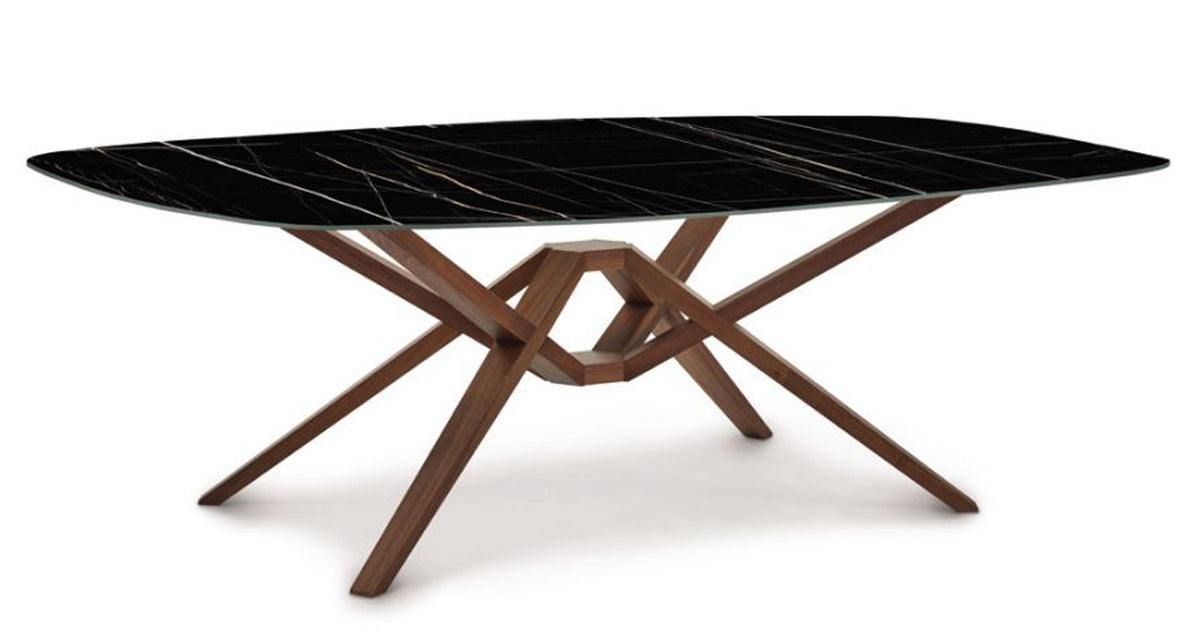 Exeter Boat Shaped Stone Top Dining Table by Copeland Furniture, showing 
 angle view of exeter boat shaped stone top dining table