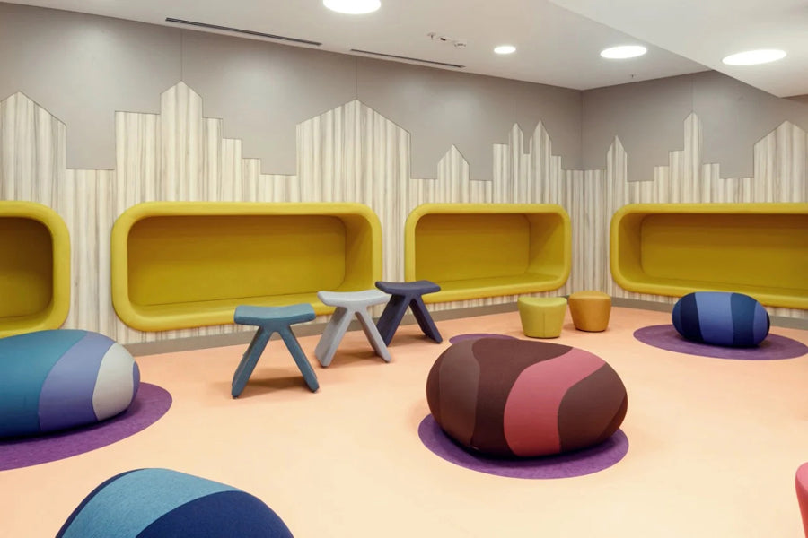 Flint Pouf by B&T, showing flint pouffes in live shot.