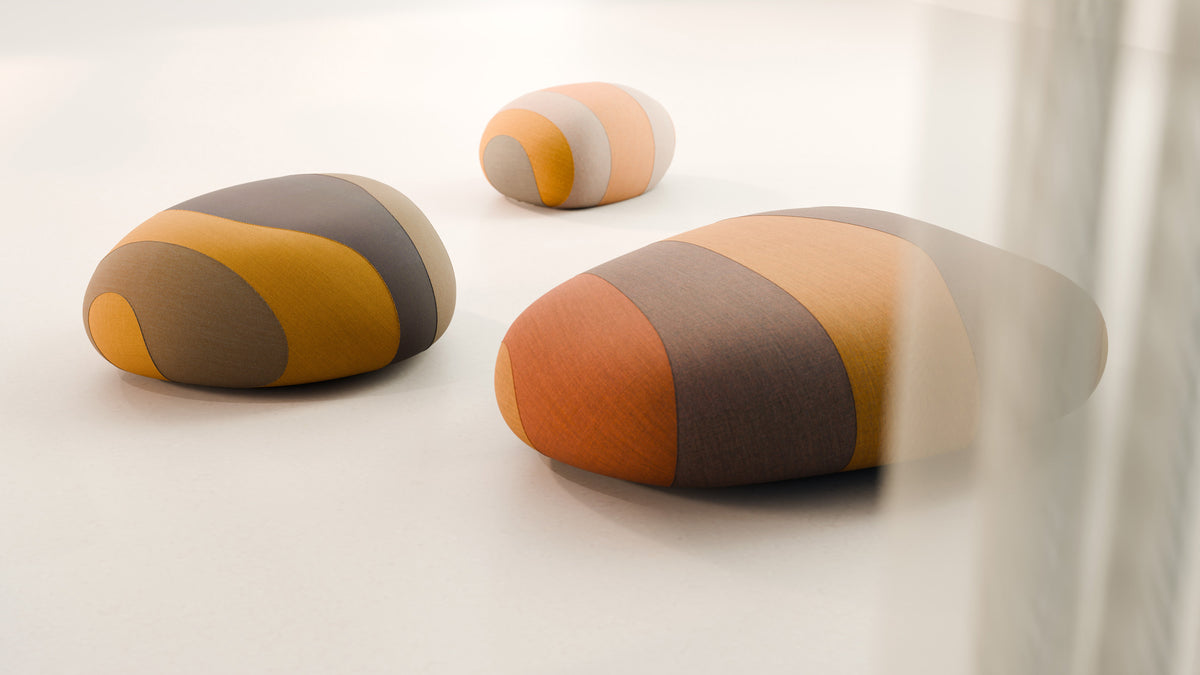 Flint Pouf by B&T, showing flint pouffes in live shot.
