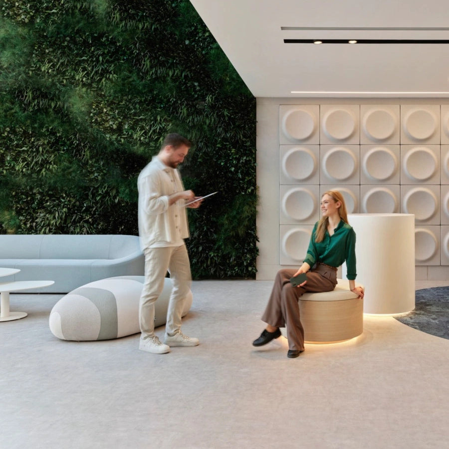 Flint Pouf by B&T, showing flint pouf in live shot.