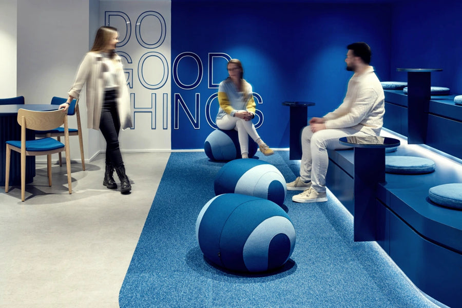Flint Pouf by B&T, showing flint pouffes in live shot.