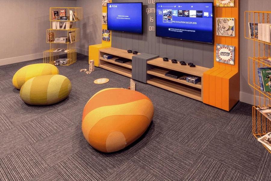 Flint Pouf by B&T, showing flint pouffes in live shot.