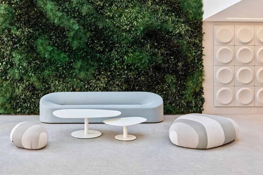 Flint Pouf by B&T, showing flint pouffes in live shot.