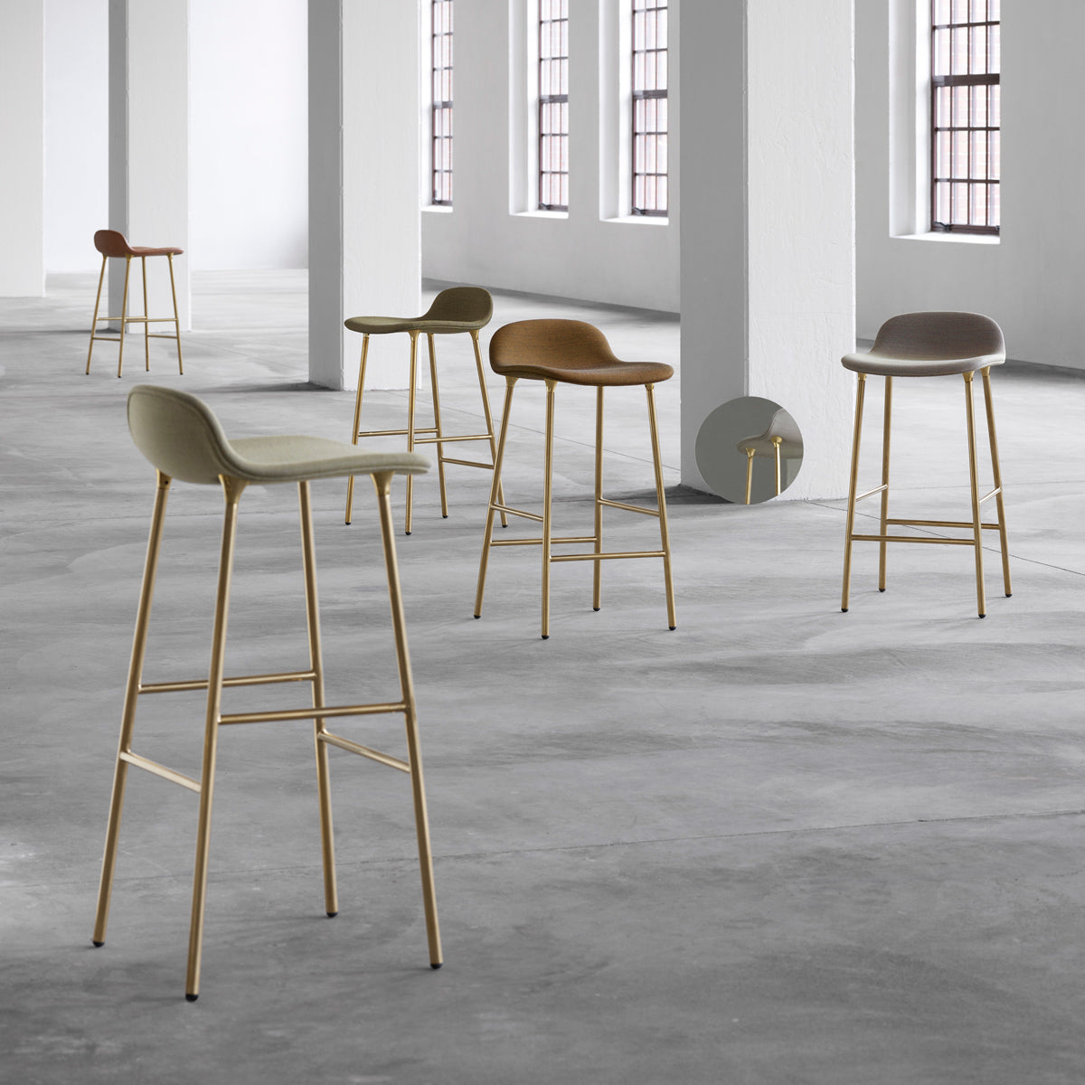 Form 30" High Full Upholstery Steel Barstool by Normann Copenhagen, showing form 30" high full upholstery steel barstools in live shot.