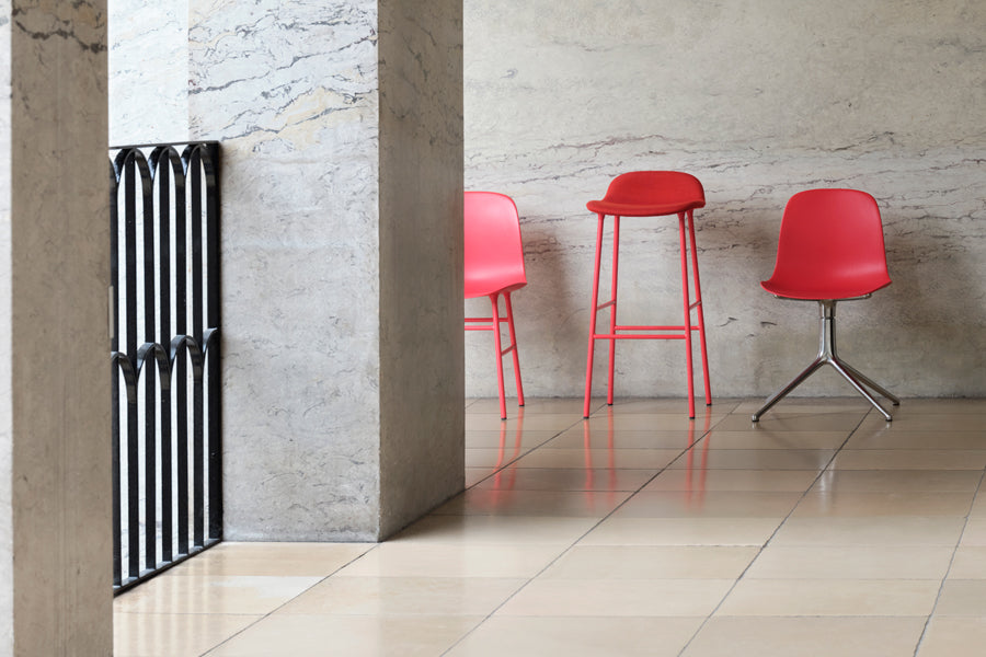 Form 34" High Full Upholstery Steel Barstool by Normann Copenhagen, showing form 34" high full upholstery steel barstool in live shot.