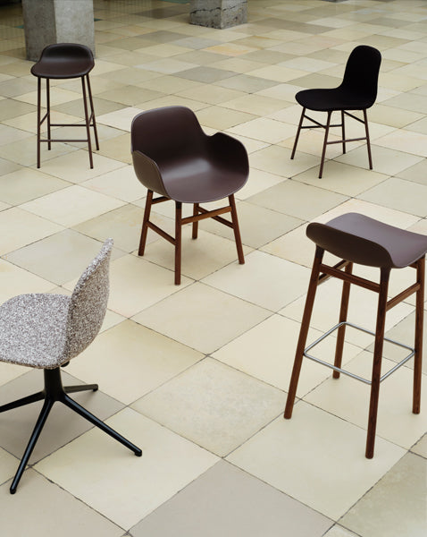 Form 34" High Full Upholstery Steel Barstool by Normann Copenhagen, showing form 34" high full upholstery steel barstool in live shot.