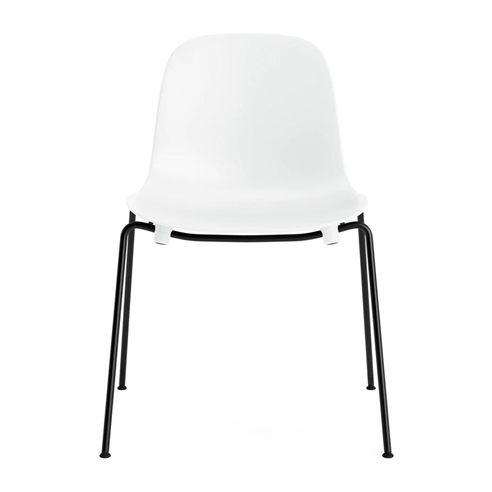 Form Stacking Chair by Normann Copenhagen, showing front view of form stacking chair in white plastic shell seat.