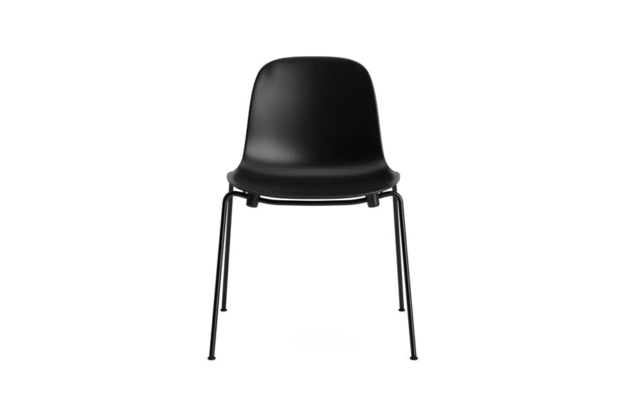 Form Stacking Chair by Normann Copenhagen, showing front view of form stacking chair in black plastic shell seat.