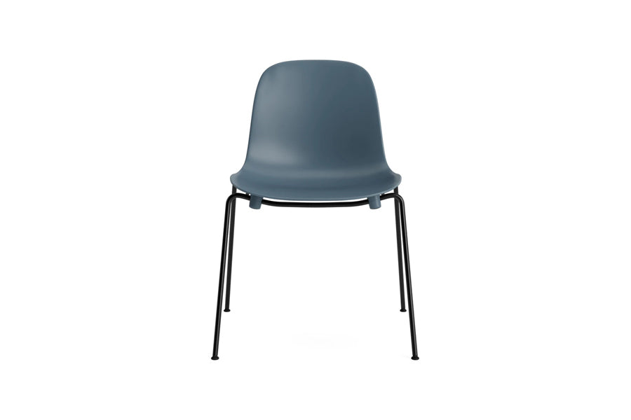Form Stacking Chair by Normann Copenhagen, showing front view of form stacking chair in blue plastic shell seat.