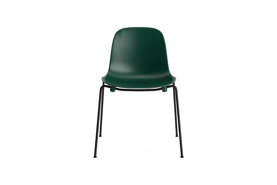 Form Stacking Chair by Normann Copenhagen, showing front view of form stacking chair in green plastic shell seat.