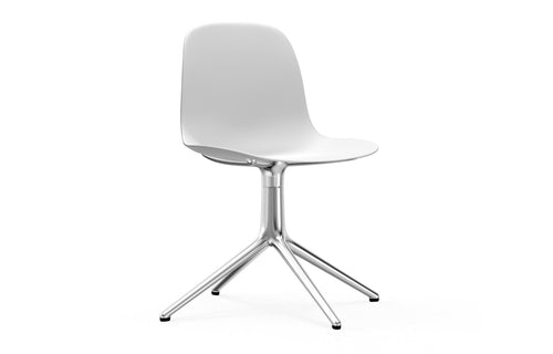 Form Swivel Chair by Normann Copenhagen - Armless without Wheels, Aluminum Legs, White Plastic Shell Seat.