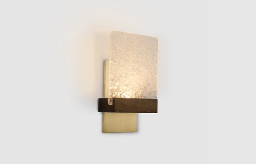 Fortis LED Wall Sconce by Cerno - Glacies Glass Front Plate Diffuser, Dark Stained Walnut Wood + Distressed Brass Metal Back Plate.