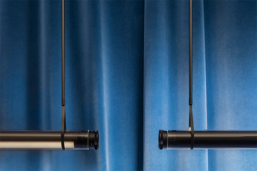 Fris 61" Pendant Light by Marset, showing closeup view of fris 61" pendant lights in live shot.