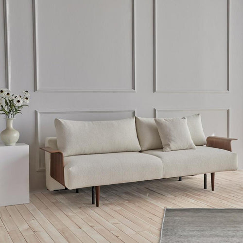 Frode Dark Styletto Sofa Bed Walnut Arms by Innovation, showing frode dark styletto sofa bed walnut arms in live shot.