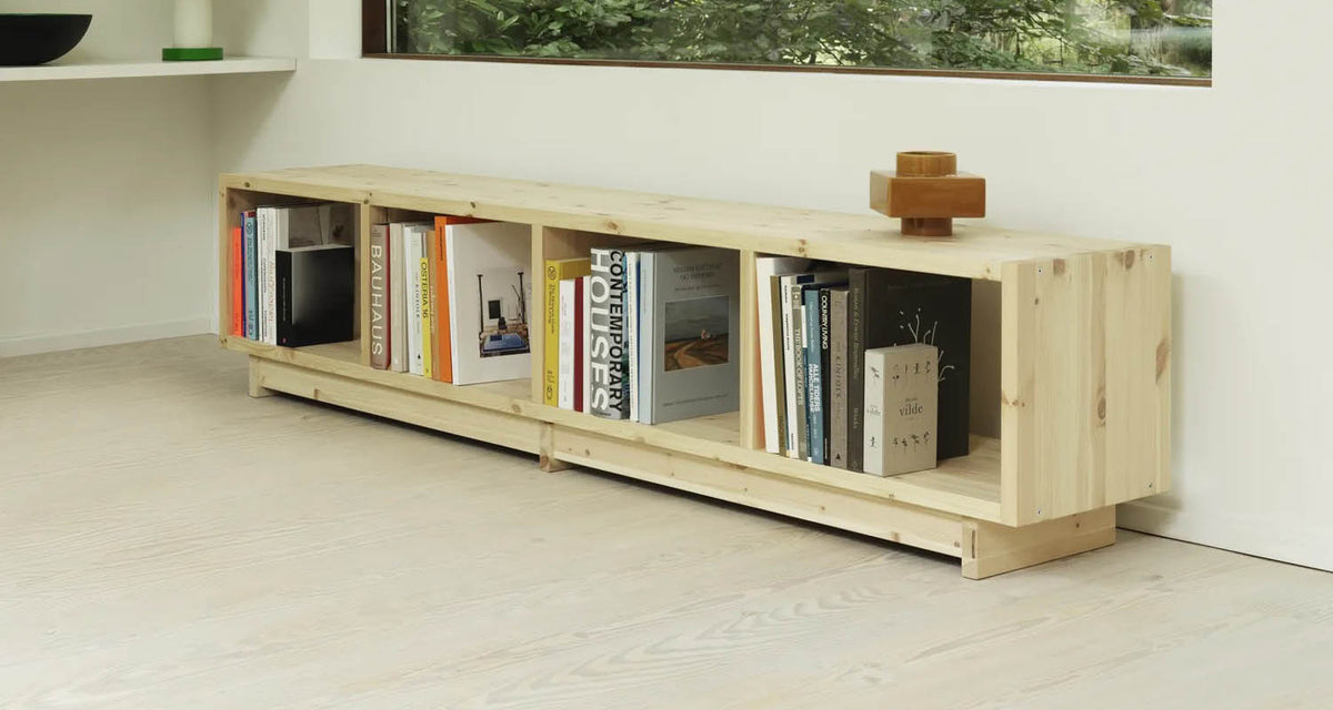 Fyr Bookcase by Normann Copenhagen, showing fyr bookcase in live shot.