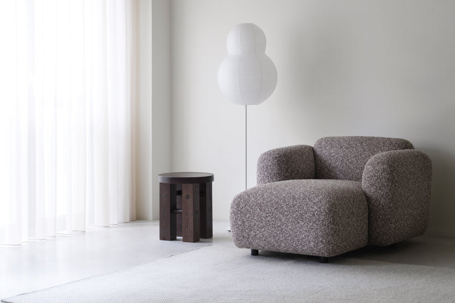 Fyr Stool by Normann Copenhagen, showing fyr stool in live shot.