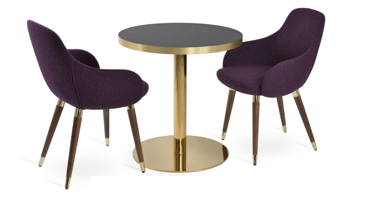 Gazel Wood Arm Chair by SohoConcept, showing gazel wood arm chair with table.